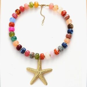 Multicolor Beaded Necklace with Gold Starfish Pendant - Women Jewelry
